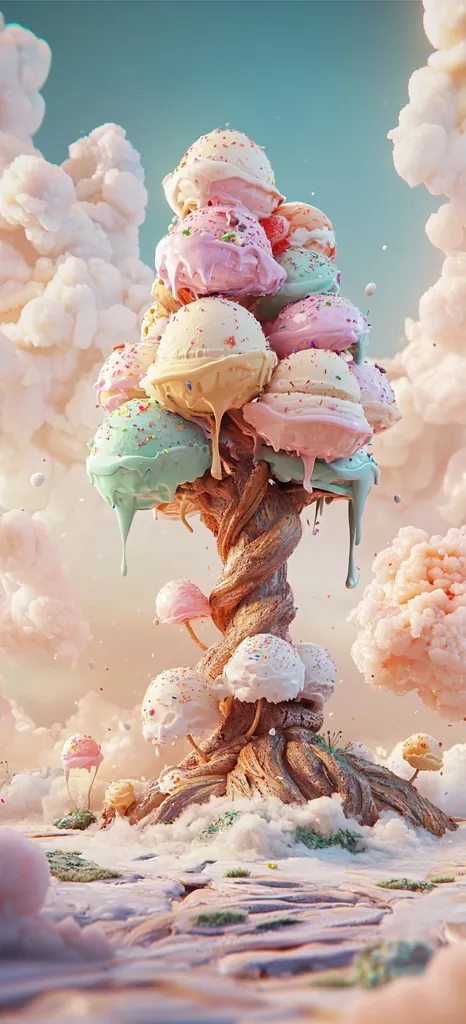 A whimsical digital artwork depicts a tree formed from a twisted, gnarled trunk, its branches laden with melting scoops of pastel-colored ice cream.  Sprinkles adorn the sweet treats, which drip onto a fluffy, cloud-like landscape. Smaller ice cream mushrooms sprout from the base, enhancing the fantastical, sugary scene.  The overall effect is dreamy and surreal, resembling a confectionery wonderland.