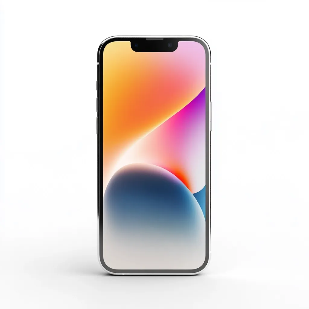 A sleek, silver smartphone is displayed against a stark white backdrop.  Its screen showcases an abstract design featuring flowing, vibrant colors of orange, pink, and deep blues, creating a gradient effect. The phone's edges are subtly rounded, and the overall presentation emphasizes its minimalist design and modern aesthetic.  The image is clean and focuses solely on the device.