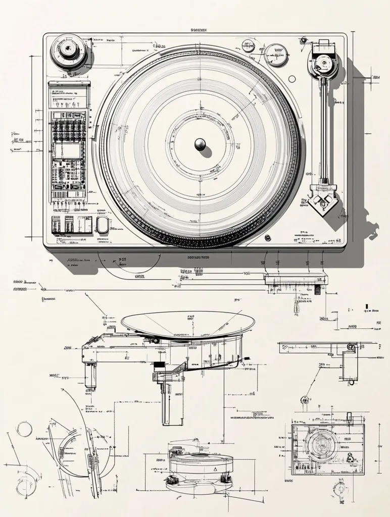 This detailed technical drawing showcases the blueprint of a turntable.  The main view displays the turntable's top-down perspective, revealing its intricate internal mechanisms and platter.  Accompanying diagrams illustrate various components in exploded views, providing a comprehensive understanding of its construction and functionality.  The style suggests a vintage or classic design.