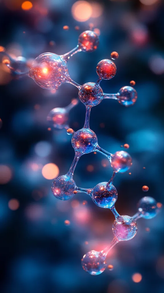 A detailed close-up reveals a complex molecule, its atoms represented as luminous spheres connected by glowing bonds.  The atoms shimmer with a blend of blue and red hues, creating a vibrant, three-dimensional structure. The background is a blurred blend of deep blue and orange, suggesting a scientific or technological context.  The image evokes a sense of intricacy and the beauty inherent in the microscopic world.