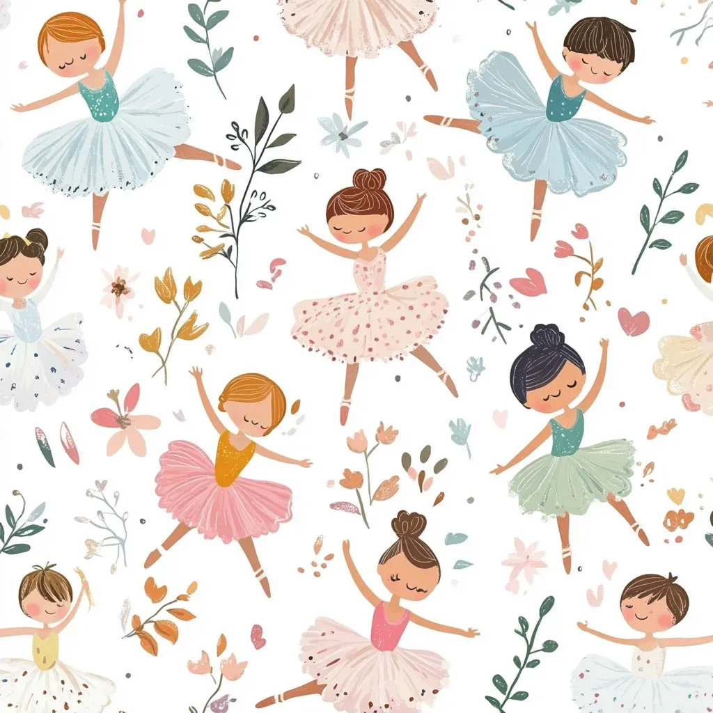 A charming seamless pattern features adorable cartoon ballerinas in pastel tutus.  They are depicted in various poses, surrounded by delicate floral elements, including leaves, flowers, and hearts.  The overall style is whimsical and playful, perfect for children's clothing or accessories.  The color palette is soft and inviting, creating a sweet and delicate design.