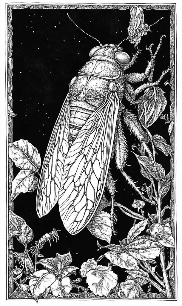 A detailed black and white pen-and-ink illustration depicts a large cicada perched on foliage against a night sky.  The cicada is rendered with intricate detail, showcasing its delicate wings and segmented body.  The surrounding plants are meticulously drawn, creating a sense of depth and texture.  Smaller insects are visible in the lower corners, adding to the scene's natural ambiance.  The entire image is framed by a simple border.