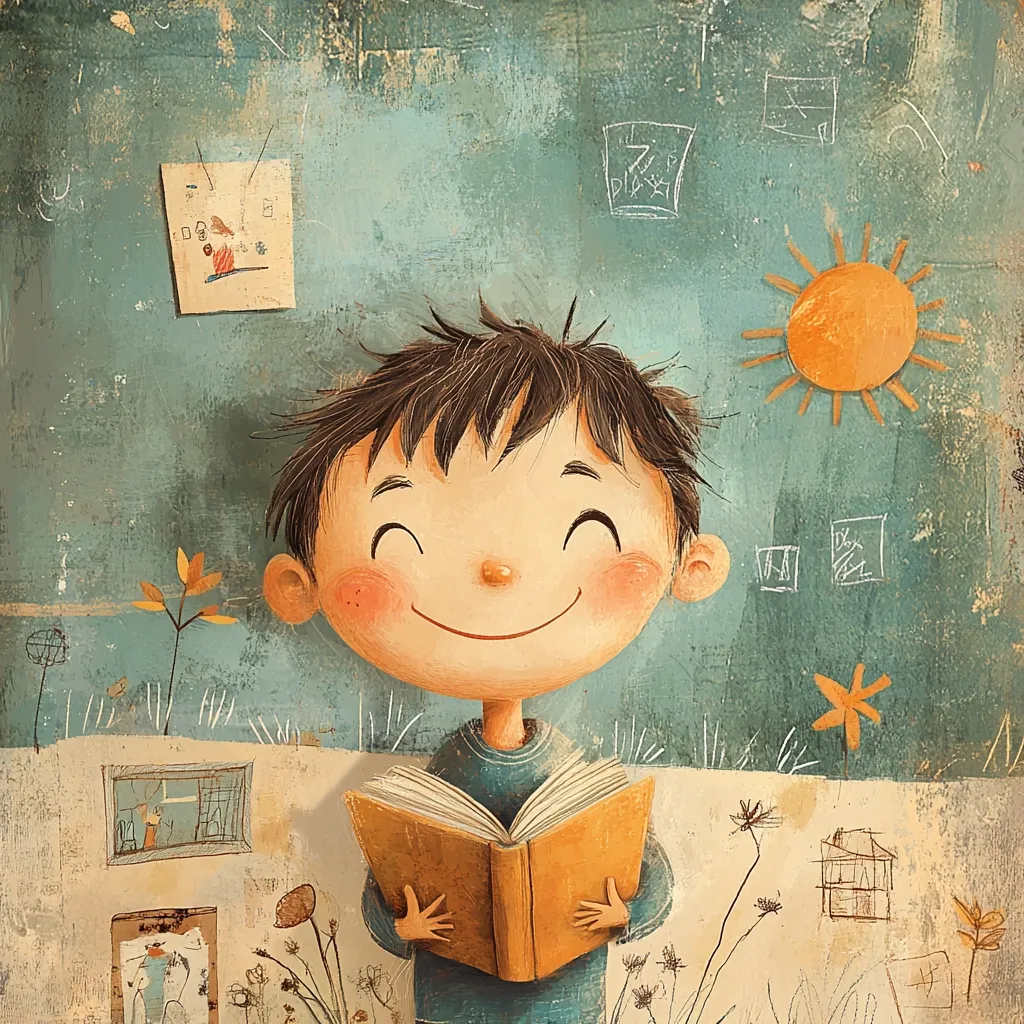 A cheerful illustration of a young boy happily reading a book.  He has rosy cheeks and a wide, joyful smile. The background is a textured teal, adorned with childlike drawings of the sun, houses, and flowers, creating a whimsical and comforting scene.  The overall style is playful and expressive, evoking a sense of childhood joy and the pleasure of reading.