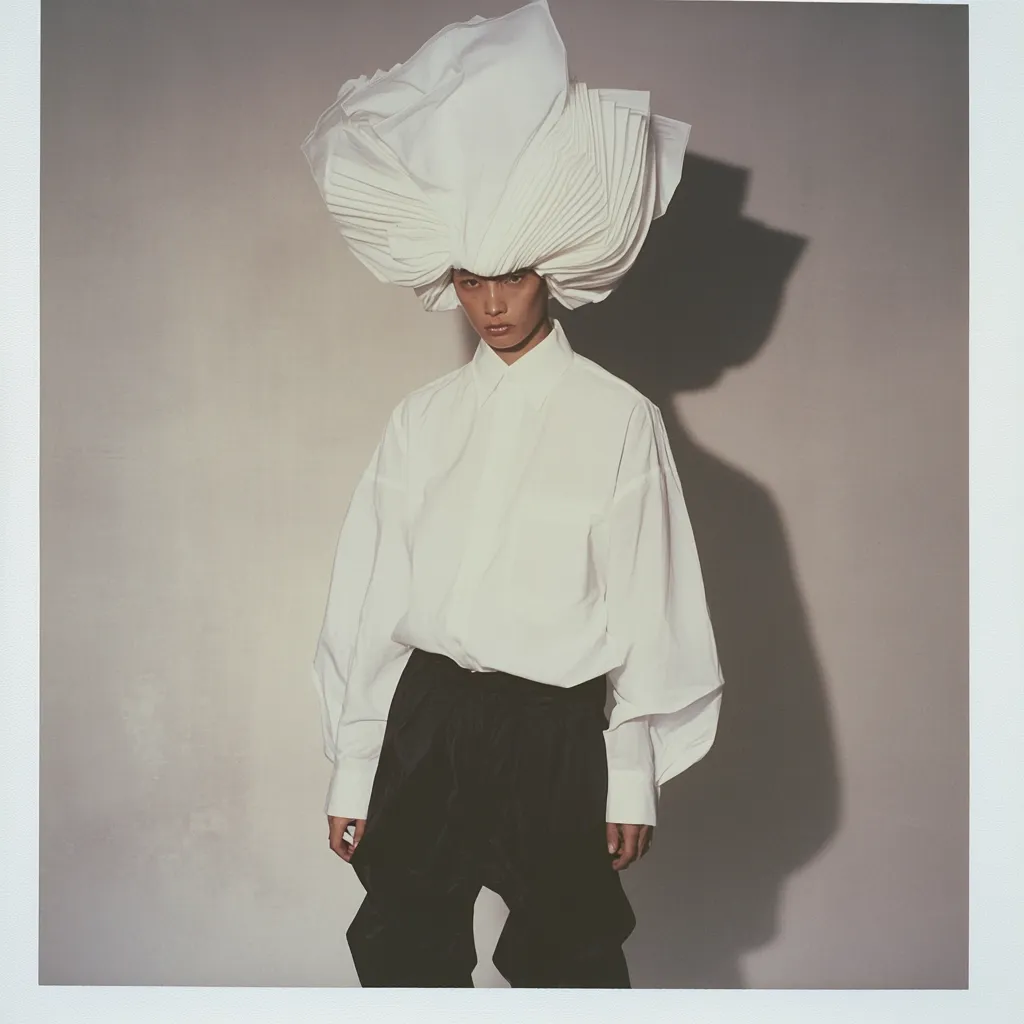 A fashion model wears an oversized white shirt and dark trousers.  The most striking feature is a large, sculptural headdress made of pleated white fabric, resembling a voluminous flower or cloud. The overall aesthetic is minimalist and avant-garde, emphasizing clean lines and dramatic volume.  The image is shot against a muted beige background, highlighting the stark contrast of the outfit.