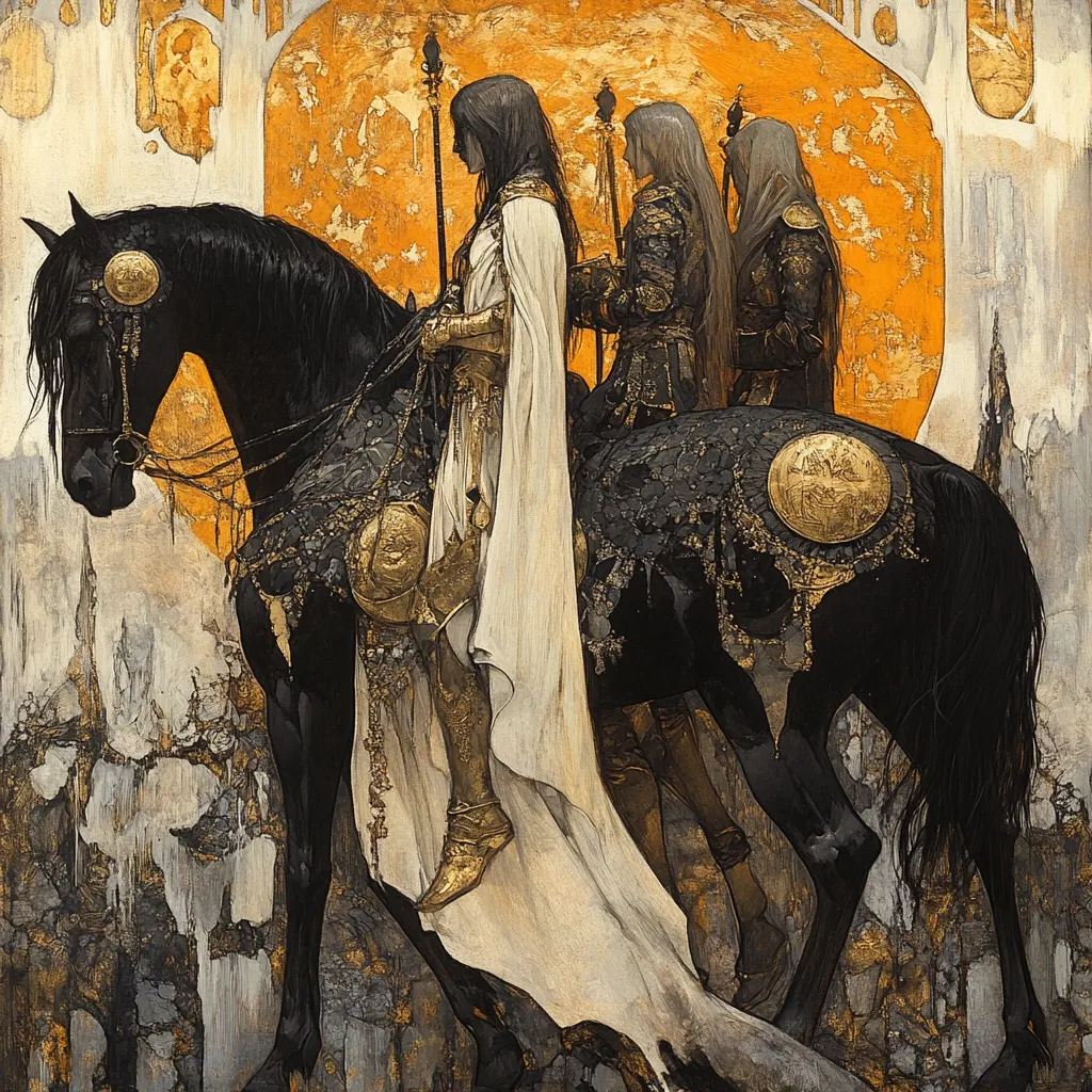 A majestic black horse, adorned with gold embellishments, carries three figures in medieval attire.  The central figure, clad in flowing white robes and gold armor, holds a staff. Two others, dressed in dark armor, flank them. The backdrop is a dramatic sunset or sunrise, framed by stylized trees, creating a mystical and powerful scene. The painting's style is rich in texture and uses a palette of golds, blacks, and whites.