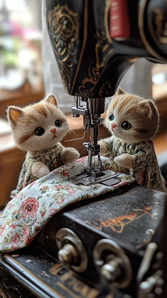 Two adorable kitten figurines, dressed in floral outfits, are positioned at an antique sewing machine.  They appear to be carefully operating the machine, with fabric draped over the needle plate. The scene is charming and whimsical, showcasing the intricate details of both the kittens and the vintage sewing machine. The overall aesthetic is quaint and nostalgic.