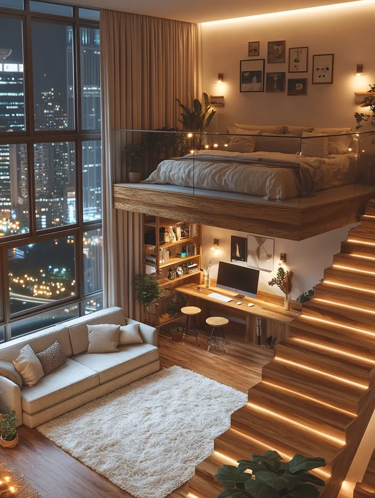 A modern loft apartment boasts a stunning city view from large windows.  A raised wooden platform houses a cozy bedroom with a glass railing, overlooking a living area furnished with a plush sofa and a fluffy rug.  Below, a built-in desk with a computer provides a workspace.  Warm lighting and wooden stairs add to the inviting ambiance. Plants are artfully placed throughout, enhancing the calm, minimalist aesthetic.