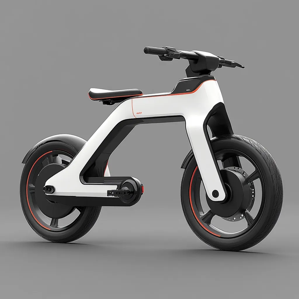 A sleek, futuristic electric bicycle is shown in a studio shot.  Its predominantly white frame contrasts with black wheels and tires, accented by thin orange lines.  The minimalist design features a low-profile seat and a compact build, suggesting a lightweight and efficient vehicle. The bicycle's modern aesthetics are emphasized by the clean lines and smooth curves.