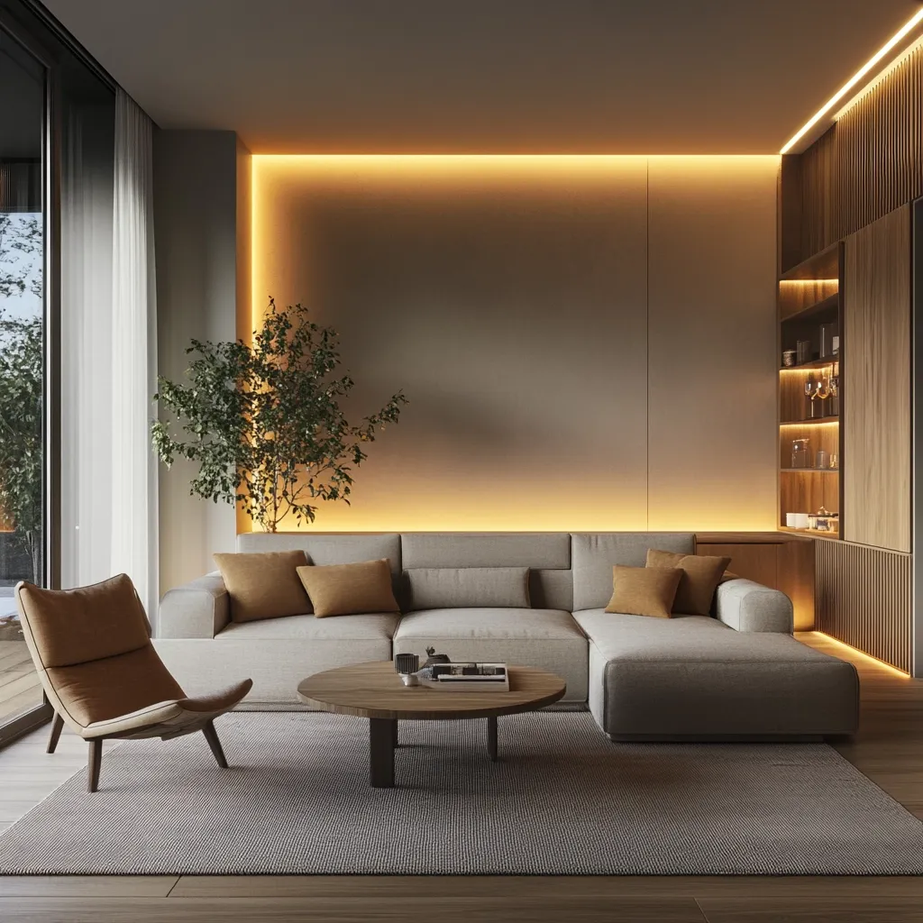 A modern living room features a light grey sectional sofa with orange throw pillows, a low wooden coffee table, and a tan armchair.  Warm, indirect lighting highlights a feature wall and built-in wooden shelving unit.  A small potted tree adds a natural touch.  The overall aesthetic is minimalist and calming, with neutral tones and sleek lines.  Large windows offer a view of greenery outside.