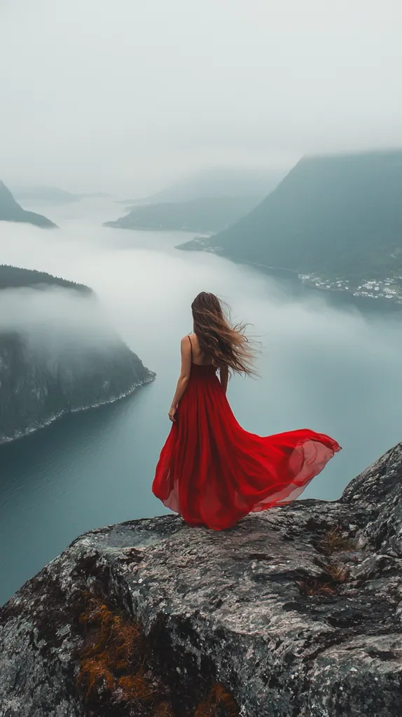 A woman in a flowing red dress stands on a rocky precipice overlooking a misty fjord.  The mountains rise on either side of the water, shrouded in fog.  Her long brown hair blows in the wind, creating a dramatic silhouette against the serene, vast landscape. The scene evokes a sense of solitude and awe-inspiring beauty.
