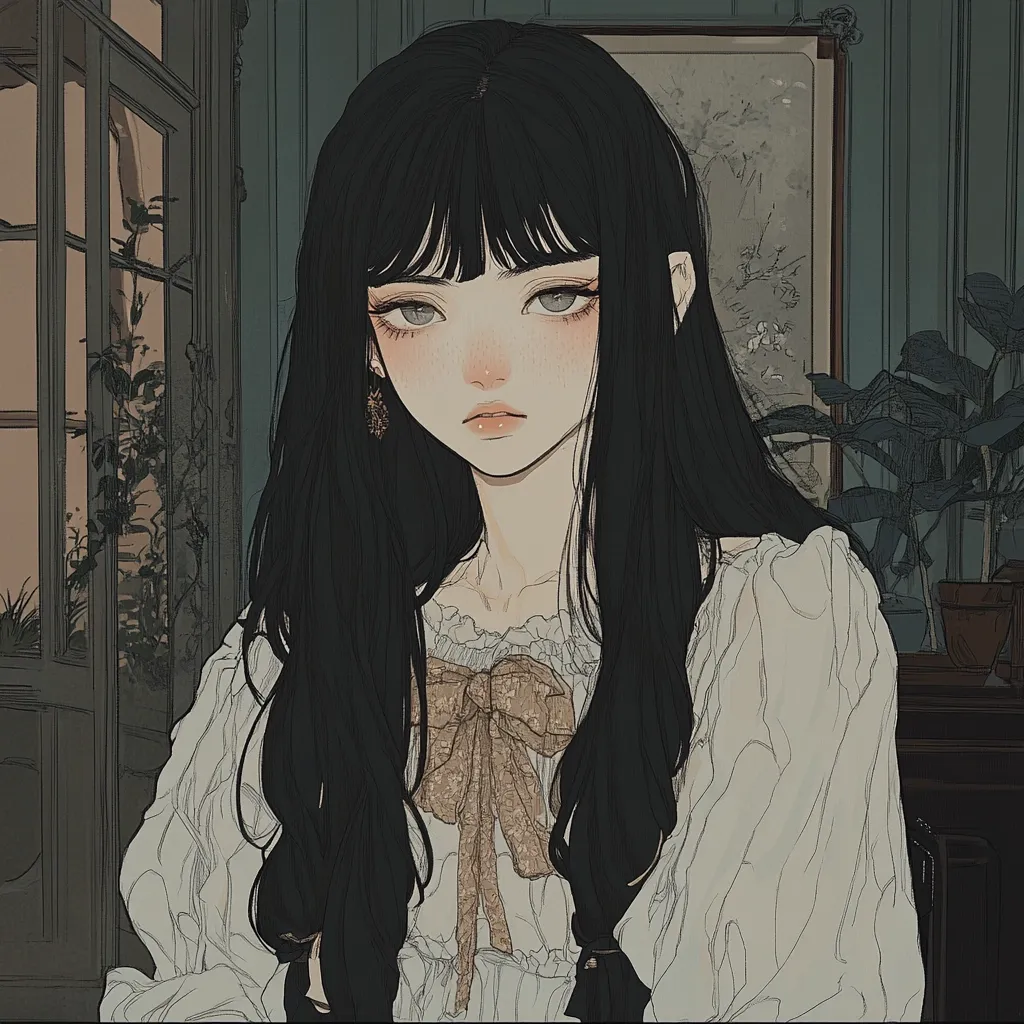 The illustration depicts a young woman with long, dark hair styled with blunt bangs. She wears a cream-colored blouse adorned with a beige bow, and delicate gold earrings. Her expression is serious and slightly melancholic. The background features muted tones, with hints of a vintage interior, including a door and potted plants, contributing to a melancholic and sophisticated atmosphere. The art style is reminiscent of contemporary digital painting, with soft lines and muted colors.