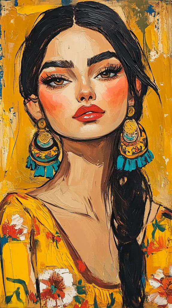 A vibrant portrait showcases a woman with dark hair styled in a low ponytail, adorned with large, ornate earrings in turquoise and gold.  Her expression is serious yet alluring, highlighted by expressive eyes and rosy cheeks.  She's dressed in a yellow floral top, the paint texture thick and expressive, lending a bold, almost painterly quality to the artwork. The background is a contrasting golden yellow.
