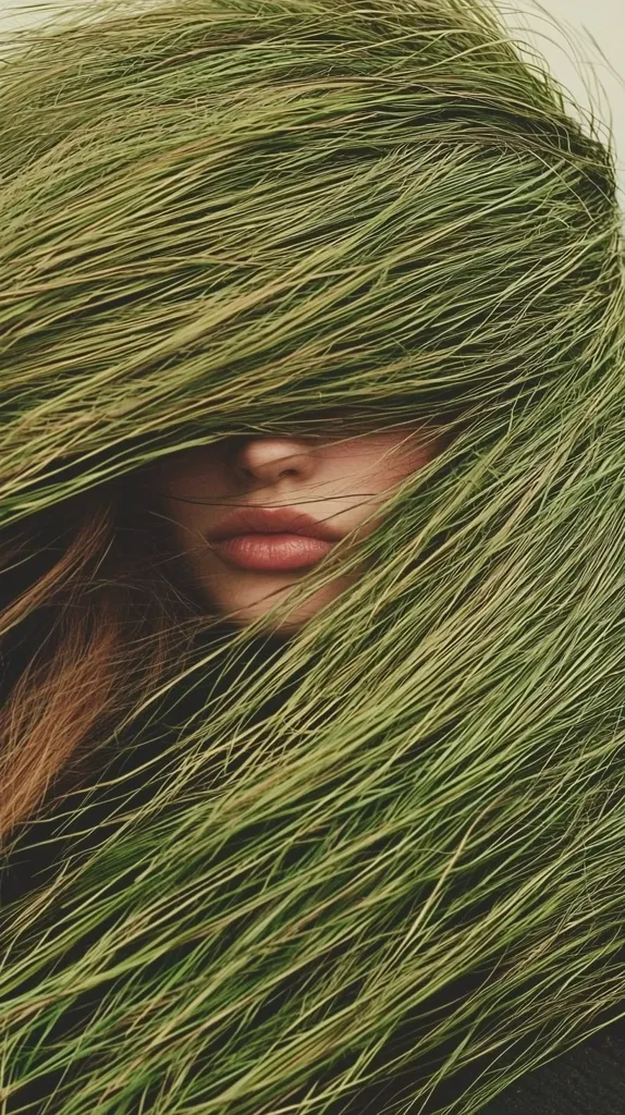 A woman's face is partially obscured by a cascade of long, flowing, light green grass.  Only her eyes, nose, and lips are visible, creating a mysterious and ethereal effect. The grass's texture contrasts with her soft skin, emphasizing the natural beauty of both elements. The image evokes a sense of serenity and connection with nature.