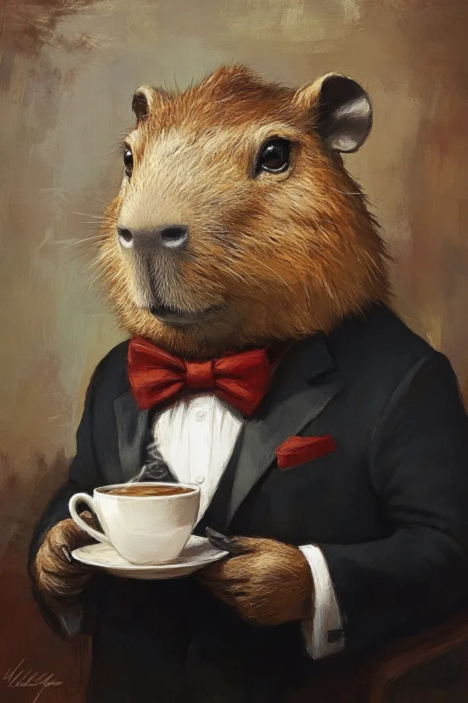 A capybara, depicted in a sophisticated painting, is dressed in a dark suit and red bow tie.  The capybara sits elegantly, holding a delicate teacup and saucer, a wisp of steam rising from the warm beverage. The painting's style is reminiscent of classical portraiture, lending the animal a dignified and somewhat whimsical air.  The background is muted, drawing attention to the central figure.