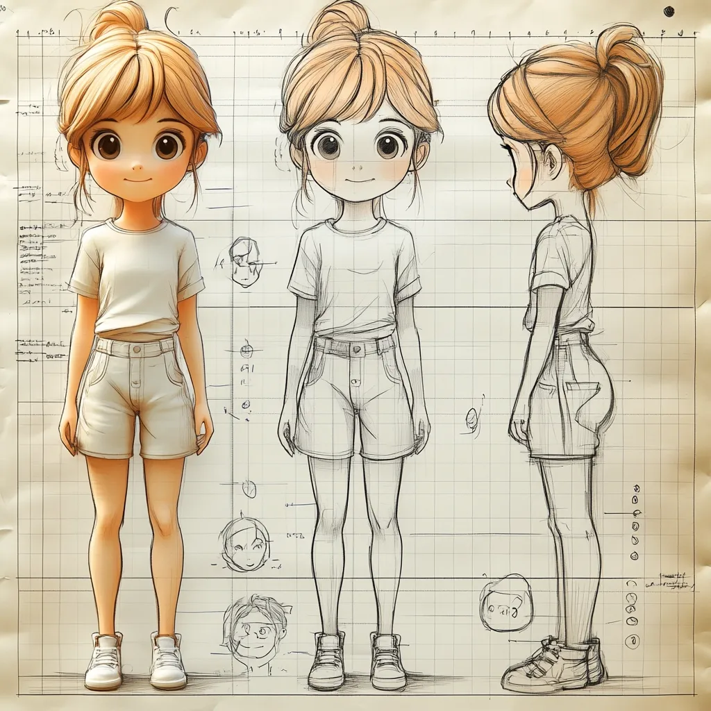 A digital drawing showcases a cute, anime-style girl in three views: front, front with sketch, and side.  She has blonde hair in a high ponytail and wears a light beige t-shirt and shorts, and white high-top sneakers. The drawing is overlaid on graph paper, including additional sketches of her face and body details, suggesting a character design process.  The style is reminiscent of concept art for animation or games.