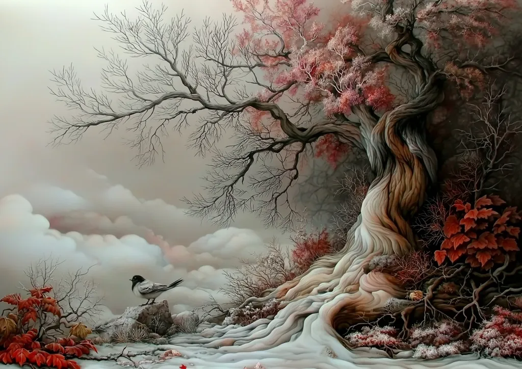 A fantastical winter scene unfolds, featuring a majestic tree with intertwined, swirling branches, partially adorned with reddish-pink leaves.  Its roots spread dramatically across a snow-dusted landscape, creating a sculptural form.  A lone bird perches on a rock, observing the ethereal cloudscape.  Muted colors and soft light evoke a dreamlike atmosphere.  The overall effect is one of serene, otherworldly beauty.