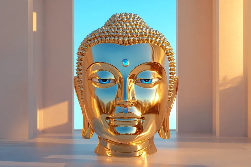 A golden Buddha head, meticulously detailed, sits serenely within a minimalist architectural setting.  The statue's serene expression is accentuated by bright blue eyes and a single, sparkling blue jewel on its forehead.  The background features clean, pale walls and a clear blue sky, creating a peaceful and contemplative atmosphere.  The light highlights the golden surface, creating a sense of warmth and tranquility.