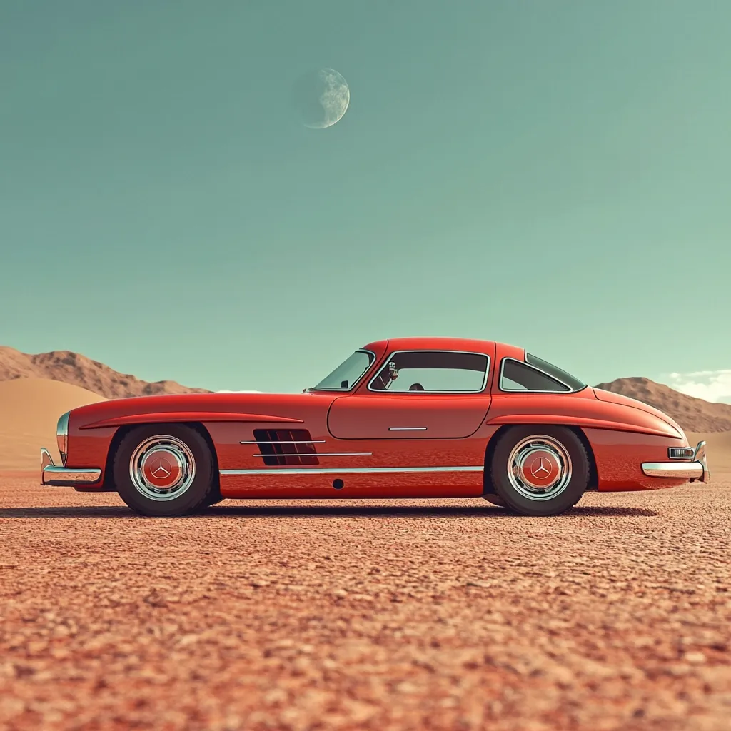 A classic red Mercedes-Benz 300 SL Gullwing coupe sits on a desert landscape under a pale sky and a half-moon.  The car is shown in profile, showcasing its elegant lines and iconic design. The scene evokes a sense of timeless beauty and adventure, suggesting a journey across a vast and empty space.  The warm tones of the sand and car create a nostalgic atmosphere.