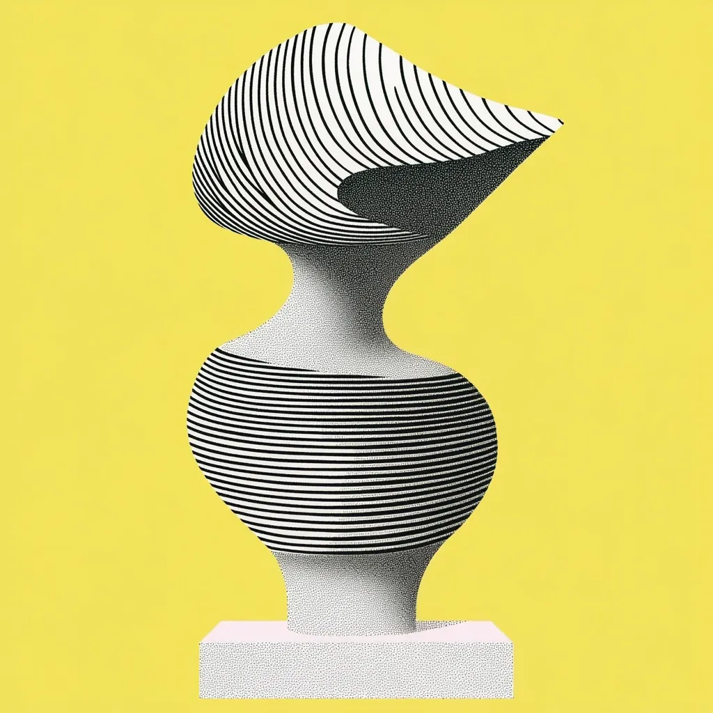 A stylized, abstract sculpture is depicted against a vibrant yellow background. The sculpture resembles a vase with a unique, flowing form.  Its surface is rendered in a black and white stippled pattern creating horizontal lines, suggesting depth and texture. The top portion flares out dramatically, contrasting with the more restrained lower sections. The piece sits on a small, pale base. The overall aesthetic is modern and graphic.