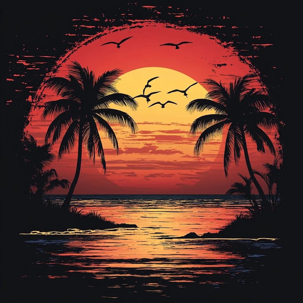 A vibrant sunset casts a fiery orange and red glow over a tranquil ocean scene.  Silhouetted palm trees stand on a small island, their fronds reaching towards the large, setting sun.  Several birds fly across the sky, adding to the serene and tropical atmosphere. The overall effect is one of warm, peaceful beauty.
