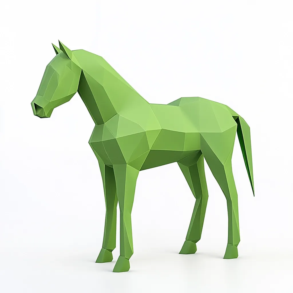 A low-poly rendering of a green horse stands against a white background.  The horse is depicted in a simplified, geometric style, composed of numerous polygons forming its body and legs. Its posture is relaxed, suggesting a calm and peaceful demeanor. The model’s color is a consistent, muted green, creating a visually appealing contrast with the stark white backdrop.