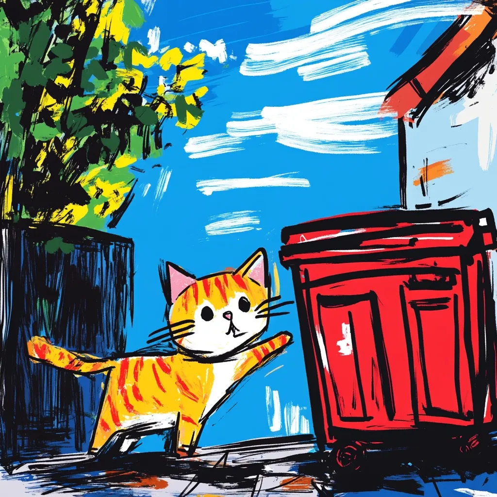 A vibrant, expressive painting depicts an orange tabby cat playfully reaching towards a bright red bin.  The style is loose and energetic, with bold brushstrokes creating a dynamic sense of movement. The background features a sunny blue sky, a lush green plant, and a glimpse of a building, all rendered in the same vivid, impressionistic manner. The overall mood is cheerful and playful.