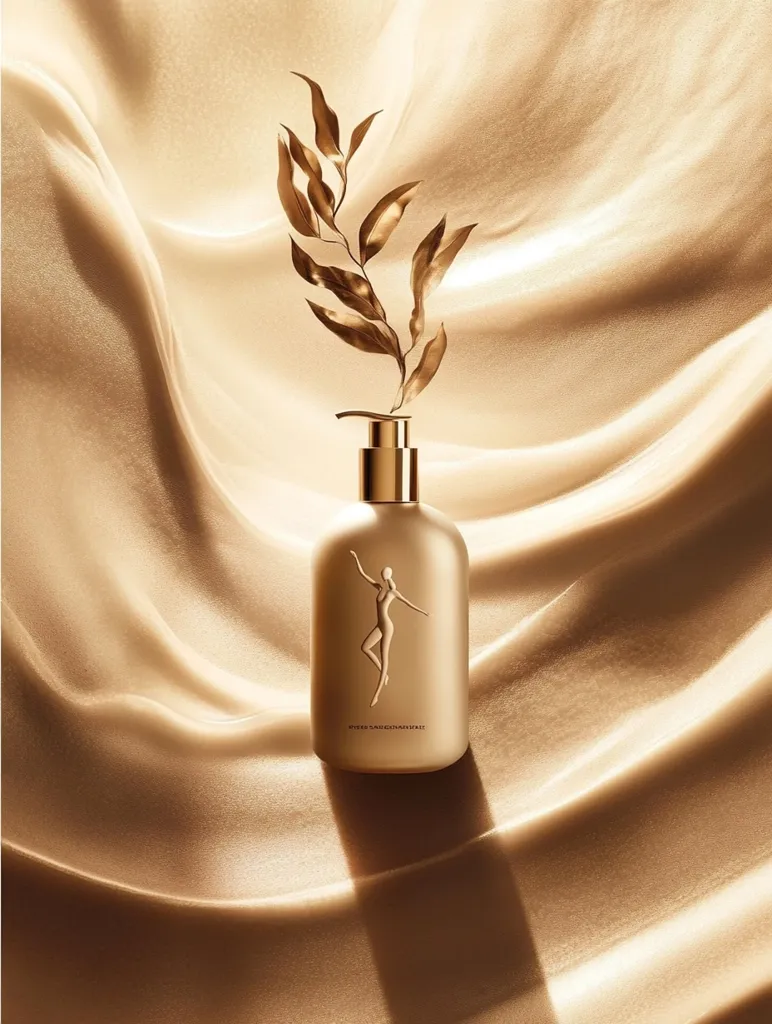 A gold bottle of perfume sits on a flowing, beige fabric.  A gold leaf sprig is delicately placed behind the bottle.  The bottle is subtly embossed with a slender feminine figure.  The overall aesthetic is luxurious and minimalist, evoking a sense of serenity and elegance.  The lighting highlights the smooth curves and metallic sheen.