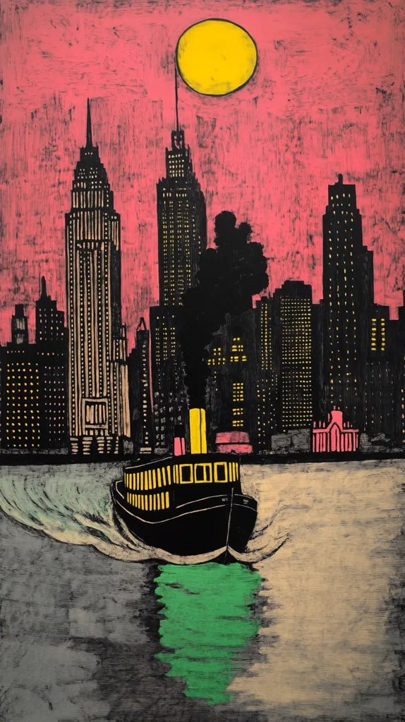 A stylized cityscape at twilight is depicted, with prominent skyscrapers including the Empire State Building, silhouetted against a pink sky.  A large yellow moon hangs above.  A tugboat, rendered in bold black and yellow, moves across a grey-green river in the foreground, its wake visible in the water. The overall style is bold and graphic, reminiscent of woodblock prints.
