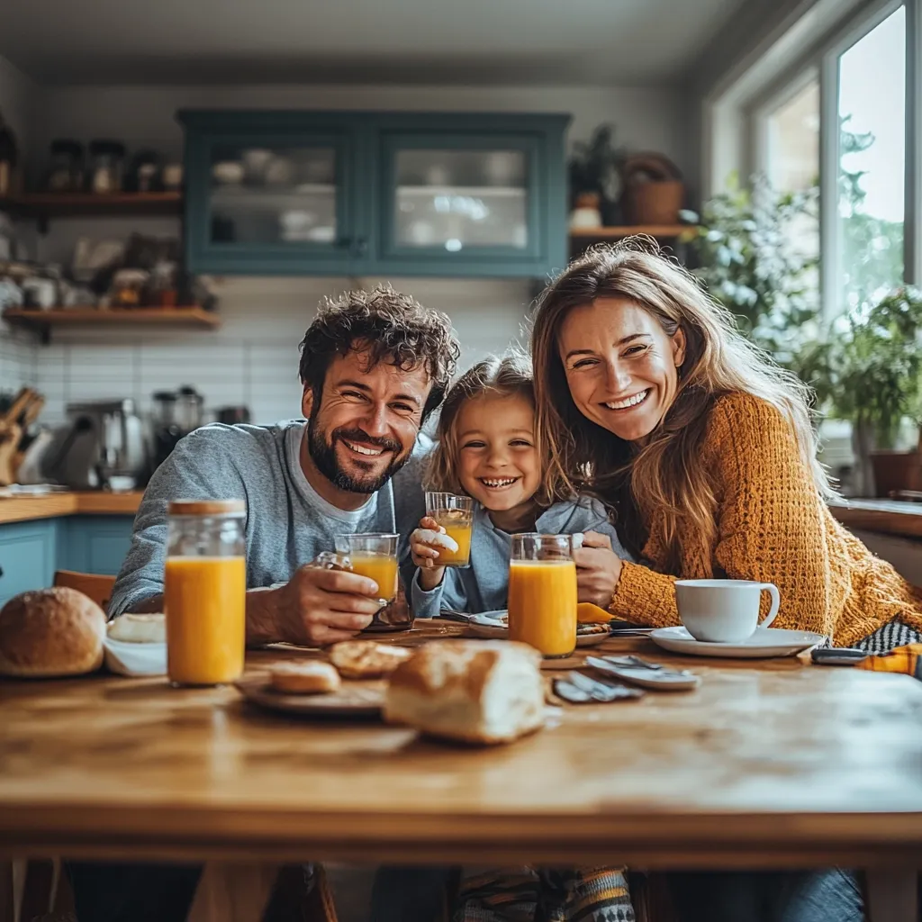 A happy family of three enjoys breakfast together at their kitchen table.  The parents smile broadly as their young daughter sits between them, all holding glasses of orange juice.  Bread and pastries are on the table, creating a warm and inviting domestic scene.  The kitchen is bright and cozy, with a teal-colored cabinet in the background.