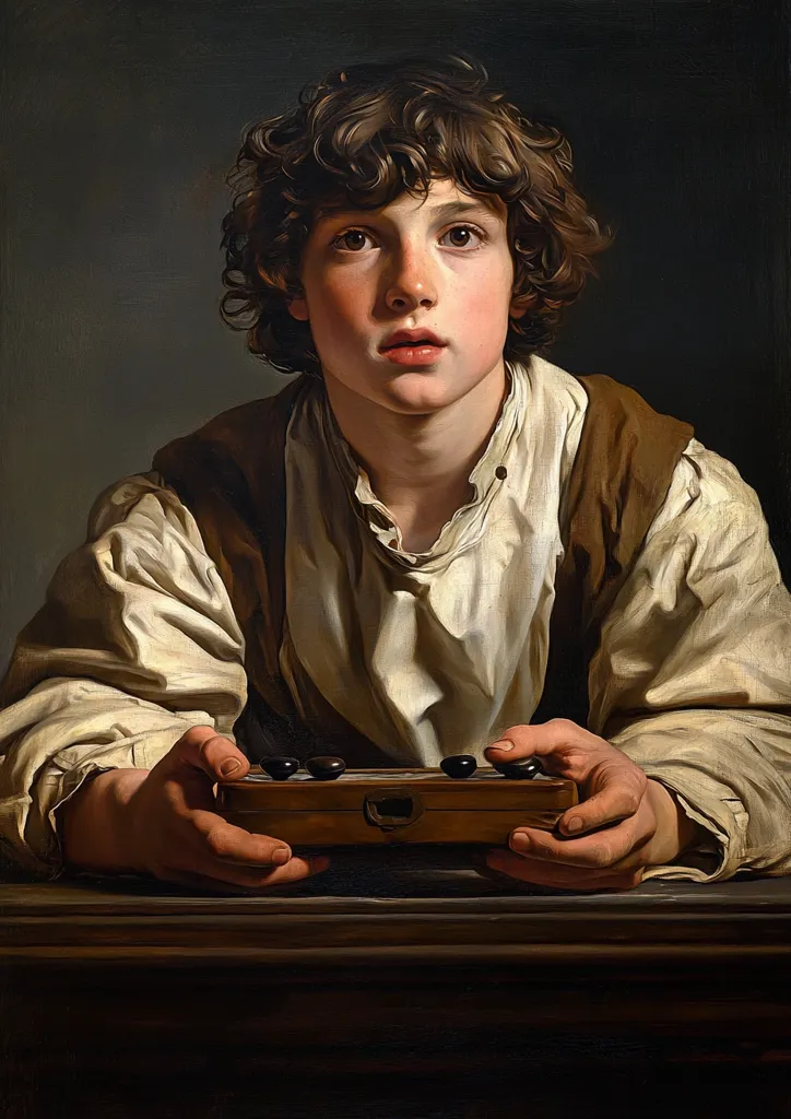 A painting of a young boy, possibly a peasant, with curly brown hair. He is dressed in simple, light-colored clothing and a brown vest.  His gaze is directed upward, conveying a sense of quiet contemplation. His hands hold a small, dark wooden box containing several small, dark objects, possibly game pieces. The dark background and focused lighting highlight the boy's features and the object in his hands.  The overall style suggests a Baroque or classical realism painting.