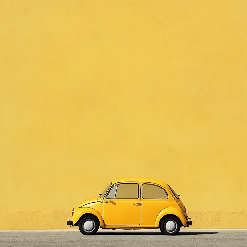 A vibrant yellow vintage car, reminiscent of a Volkswagen Beetle, is parked against a solid yellow wall.  The car is in profile view, showcasing its classic design. The bright, contrasting colors create a cheerful and minimalist aesthetic. The scene is simple yet striking, evoking a sense of nostalgia and summer.