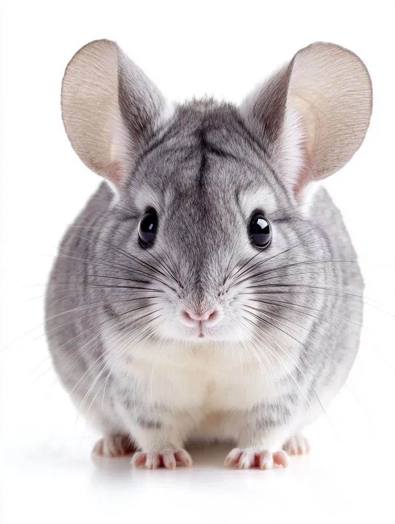 A fluffy gray chinchilla sits facing the camera against a white background.  Its large ears are prominent, and its soft fur is highlighted. The chinchilla's dark eyes and small pink nose are clearly visible.  It appears calm and well-groomed.  The overall image is a cute and endearing portrait of the small rodent.