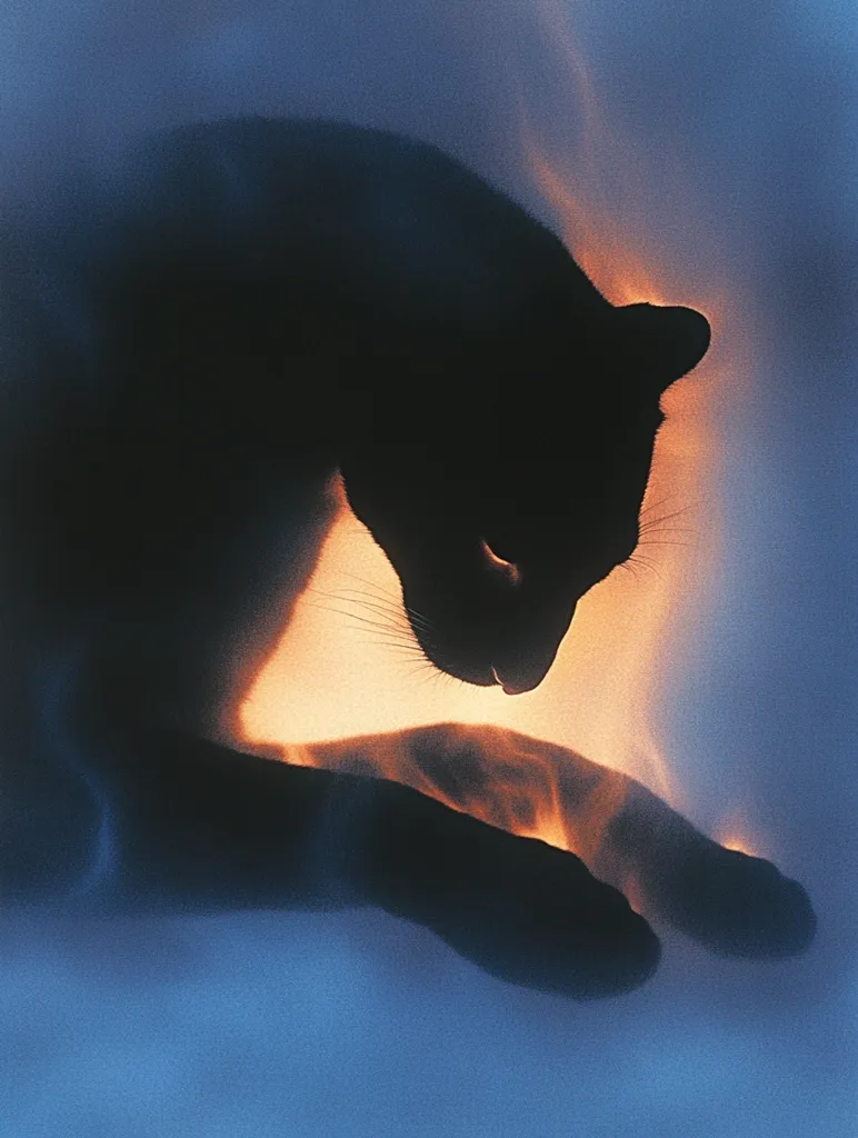 A silhouetted black cat is captured in a dramatic, ethereal image.  Backlit by a warm, orange glow, the cat's form is softened, appearing almost translucent against the cool blue background.  The focus is on the cat's head and paws, its posture suggesting a moment of quiet contemplation or rest. The overall mood is serene and mysterious.