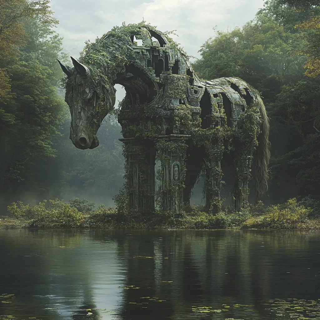 A colossal stone horse, overgrown with vegetation and appearing ancient and ruined, stands partially submerged in a still, dark pond.  The horse's form is intricately detailed, with architectural elements suggesting a structure rather than a solid statue.  The surrounding forest is dense and misty, adding to the ethereal and mysterious atmosphere. The scene evokes a sense of forgotten history and the reclaiming power of nature.