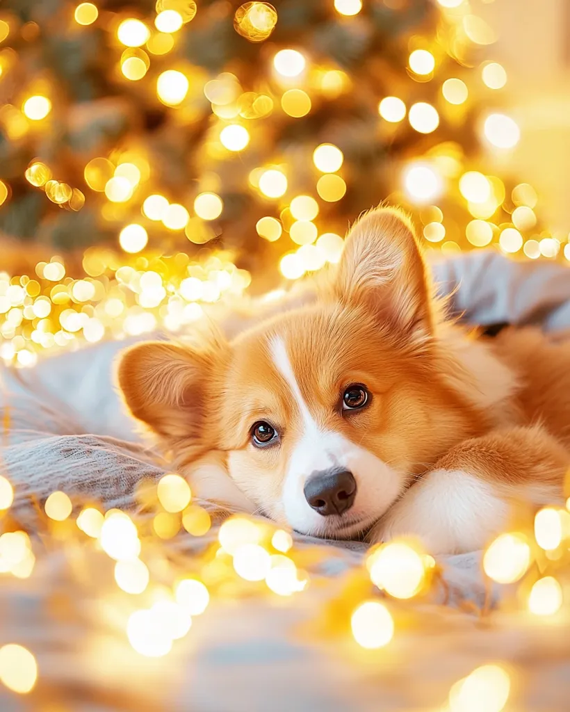 A fluffy Pembroke Welsh Corgi rests on a soft grey blanket, surrounded by warm, golden Christmas lights.  The blurred background shows a decorated Christmas tree, adding to the festive atmosphere. The dog's expressive eyes and relaxed posture create a heartwarming holiday scene.  The image evokes feelings of comfort, joy, and the spirit of the season.