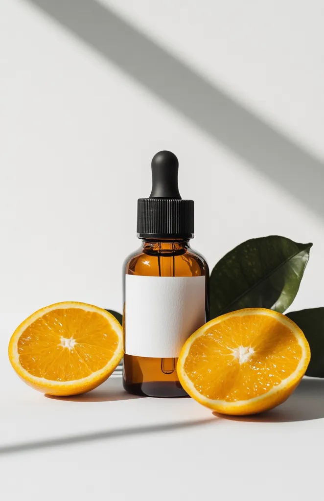 A brown glass bottle with a black dropper top sits between two orange halves on a white surface.  The bottle has a blank white label.  Green leaves are partially visible behind the bottle.  Strong sunlight casts shadows across the scene, highlighting the product and citrus fruits.  The image suggests a skincare product with citrus notes.