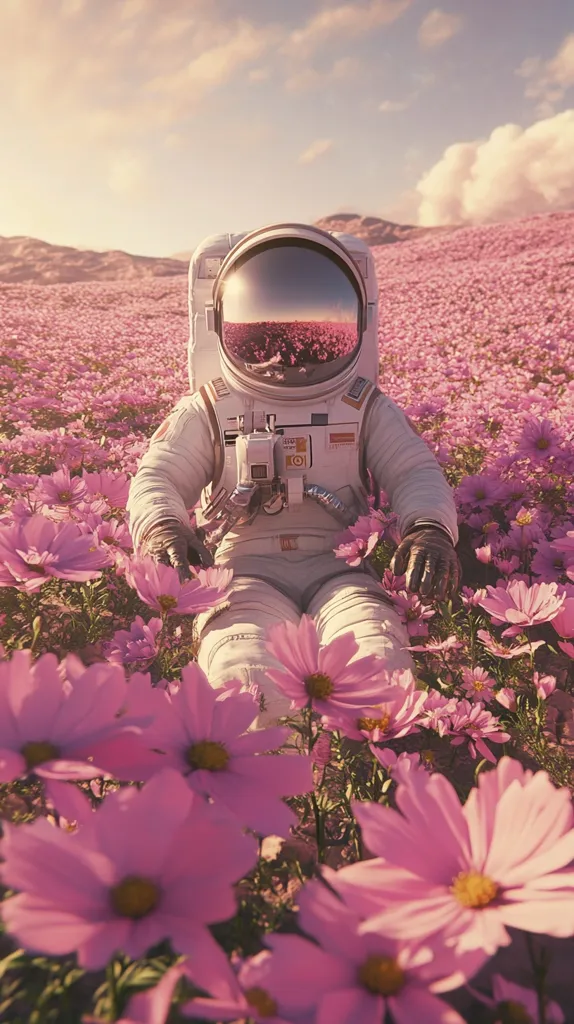 An astronaut in a white spacesuit sits amidst a vast field of delicate pink cosmos flowers.  The helmet's reflective visor mirrors the floral landscape, creating a surreal and peaceful scene.  The setting sun casts a warm glow, enhancing the idyllic, almost dreamlike quality of the image. The overall mood is serene and contemplative.