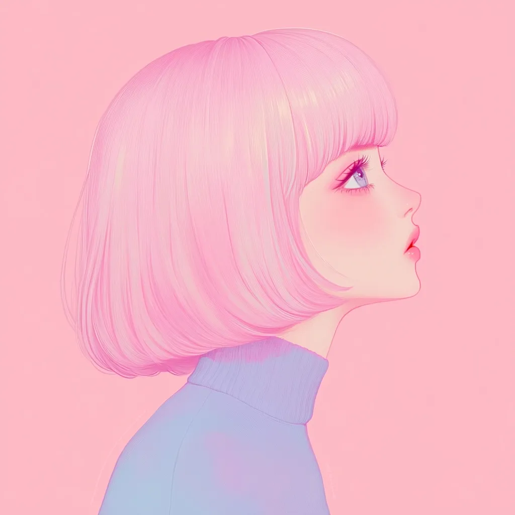 A pastel-colored illustration showcases a young woman in profile view.  Her pale pink, bobbed hair frames a delicate face with rosy cheeks and light blue eyes. She gazes to the right, her expression serene and slightly pensive. She wears a lavender turtleneck sweater, blending seamlessly with the soft pink background. The overall style is soft, dreamy, and subtly melancholic.