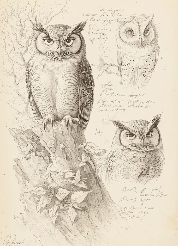 A detailed pencil sketch showcases three owls in various poses.  One large owl is perched on a decaying tree stump, its intense gaze directed forward.  Two smaller owls, one to the upper right and another at the bottom right, are presented in profile views.  Surrounding the owls are handwritten notes and sketches, suggesting a naturalist's study or field notes.  The overall tone is sepia, enhancing the antique feel of the artwork.