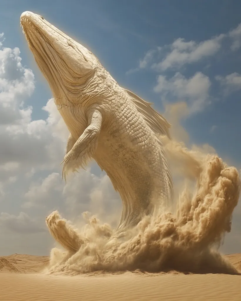 A colossal, pale, fish-like creature, sculpted from sand, erupts from the desert floor.  Its form is partially obscured by a swirling cloud of sand, creating a dramatic and surreal scene under a bright, partly cloudy sky. The creature's powerful physique and upward trajectory suggest movement and immense energy.  The overall effect is one of awe-inspiring spectacle and otherworldly beauty.