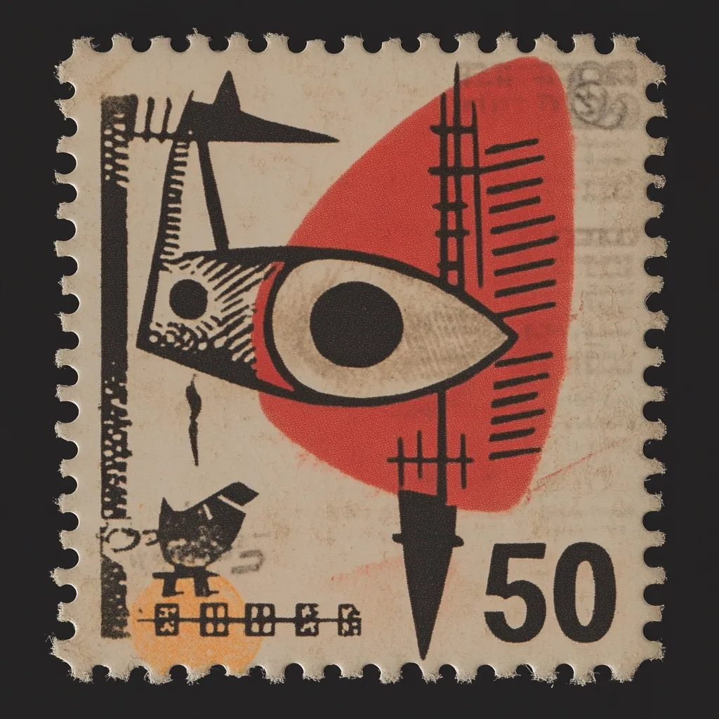 A 50-unit postage stamp features an abstract cubist design.  Dominating the stamp is a stylized eye, rendered in black and white, set against a red, sun-like form.  Geometric shapes and lines create a sense of movement and depth.  A small bird-like figure is present near the bottom, adding a whimsical element to the otherwise bold composition.  The overall style is reminiscent of early 20th-century modern art.