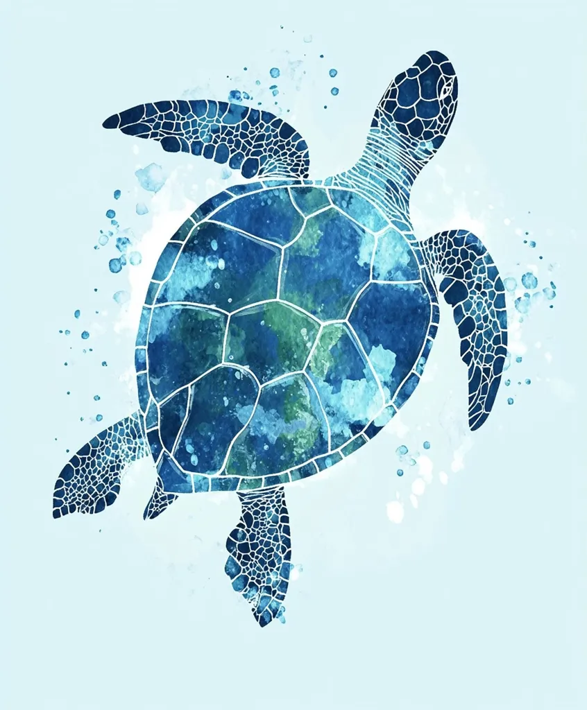 A watercolor painting depicts a sea turtle swimming in a light blue ocean.  The turtle is rendered in shades of blue and green, its shell detailed with textured lines.  Water splashes are subtly incorporated around the turtle, enhancing the aquatic atmosphere. The style is minimalist yet evocative, suggesting a serene underwater scene.