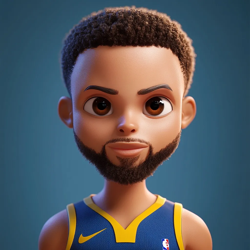 A stylized 3D rendering of Stephen Curry, the Golden State Warriors basketball player.  He's depicted as a cartoon character with exaggerated features: large eyes, a short, curly afro, and a goatee.  He's wearing a blue and gold Warriors jersey, complete with the Nike swoosh and NBA logo. The image is sharply focused, highlighting the detailed texture of his skin and hair. The background is a muted teal.