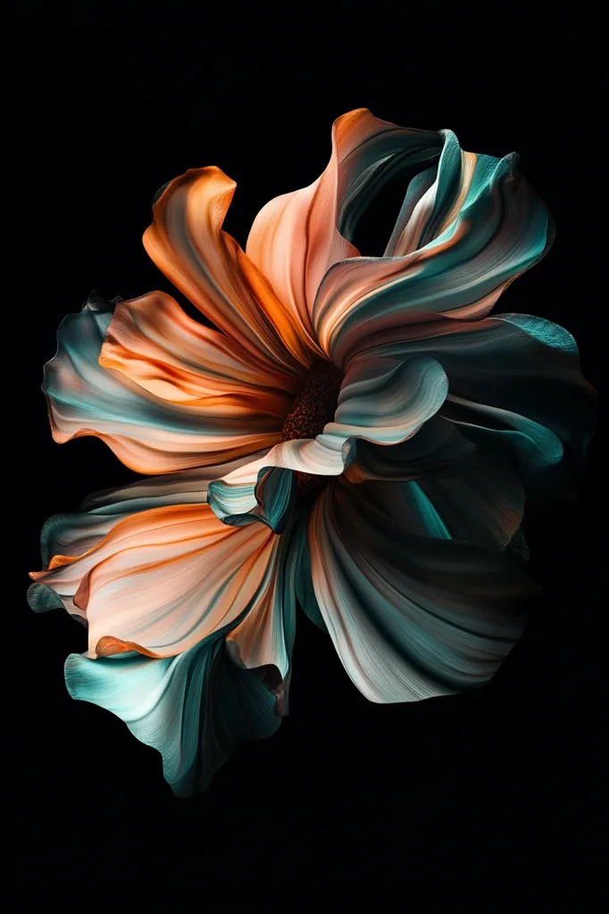 An abstract image showcases a stylized flower against a stark black backdrop.  The petals, rendered in swirling teal and burnt orange hues, create a sense of fluid movement and depth.  The color gradient and dynamic form suggest a digitally created or manipulated image, resembling a flowing fabric sculpted into a floral shape. The overall effect is one of elegant, otherworldly beauty.