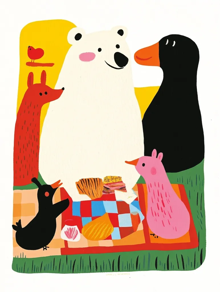 A cheerful illustration depicts a polar bear at a picnic with a diverse group of animals.  A red fox, black bird, and pink bird are gathered around a checkered blanket laden with food.  A black duck stands beside the bear, adding to the whimsical scene.  A small red bird is perched on a branch in the background, completing the lively gathering. The style is bold and colorful, characteristic of children's book illustrations.