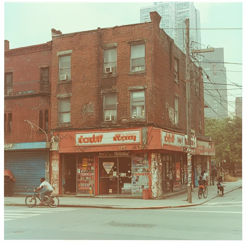 A vintage photograph depicts a corner store in an urban setting.  The brick building, showing signs of age and wear, features a faded red awning with the words "LIQUOR STORE" prominently displayed.  Posters and advertisements cover the windows. A cyclist passes by, and other pedestrians are visible in the background, alongside taller buildings. The overall tone suggests a moment captured in a bygone era.