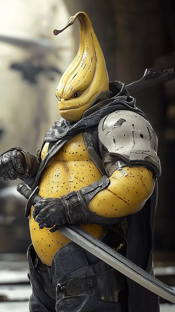 A digital rendering depicts a robust, humanoid figure with a banana-shaped head.  Clad in dark, armored clothing and gloves, the figure wields two swords.  Its yellow skin is textured, suggesting a fruit-like composition.  The background is blurred, focusing attention on the unique warrior.  The overall style is dark fantasy, combining organic and technological elements.