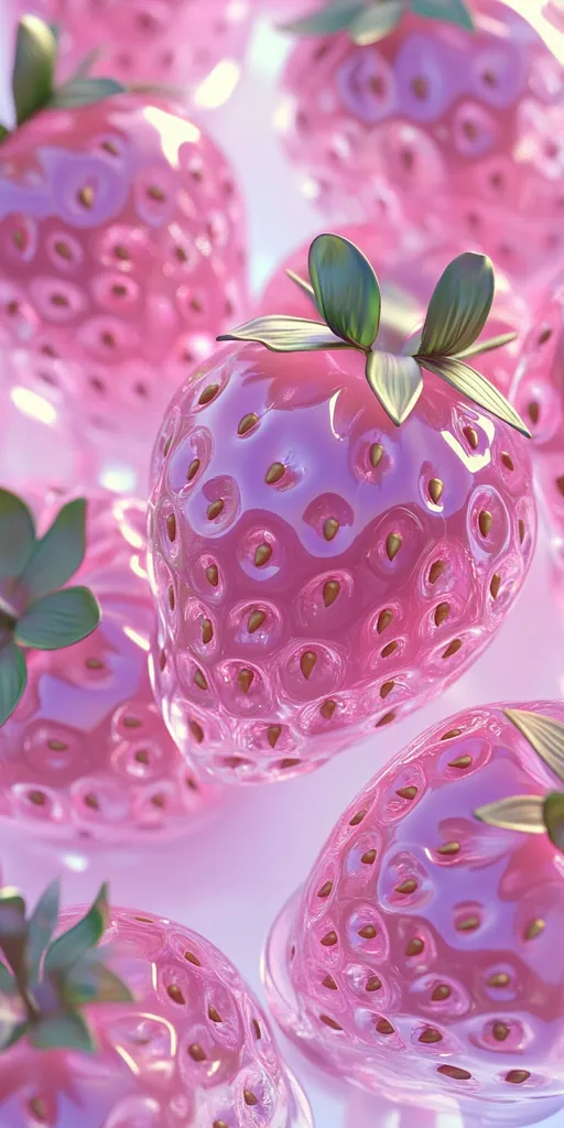 A close-up shot reveals a cluster of vibrant pink strawberries, their glossy surfaces gleaming.  The strawberries appear almost translucent, with each tiny seed meticulously detailed.  The green caps add a contrasting pop of color. The image evokes a dreamy, surreal feel, suggesting a stylized or artistic representation of the fruit.