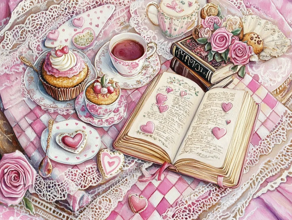 A delightful painting depicts a pink and white checkered tablecloth adorned with lace.  Two cupcakes, teacups and saucers, heart-shaped cookies, and a bouquet of pink roses are arranged artfully.  An open book rests on the table, its pages filled with painted hearts.  The overall style is romantic and whimsical, suggestive of a charming tea party.
