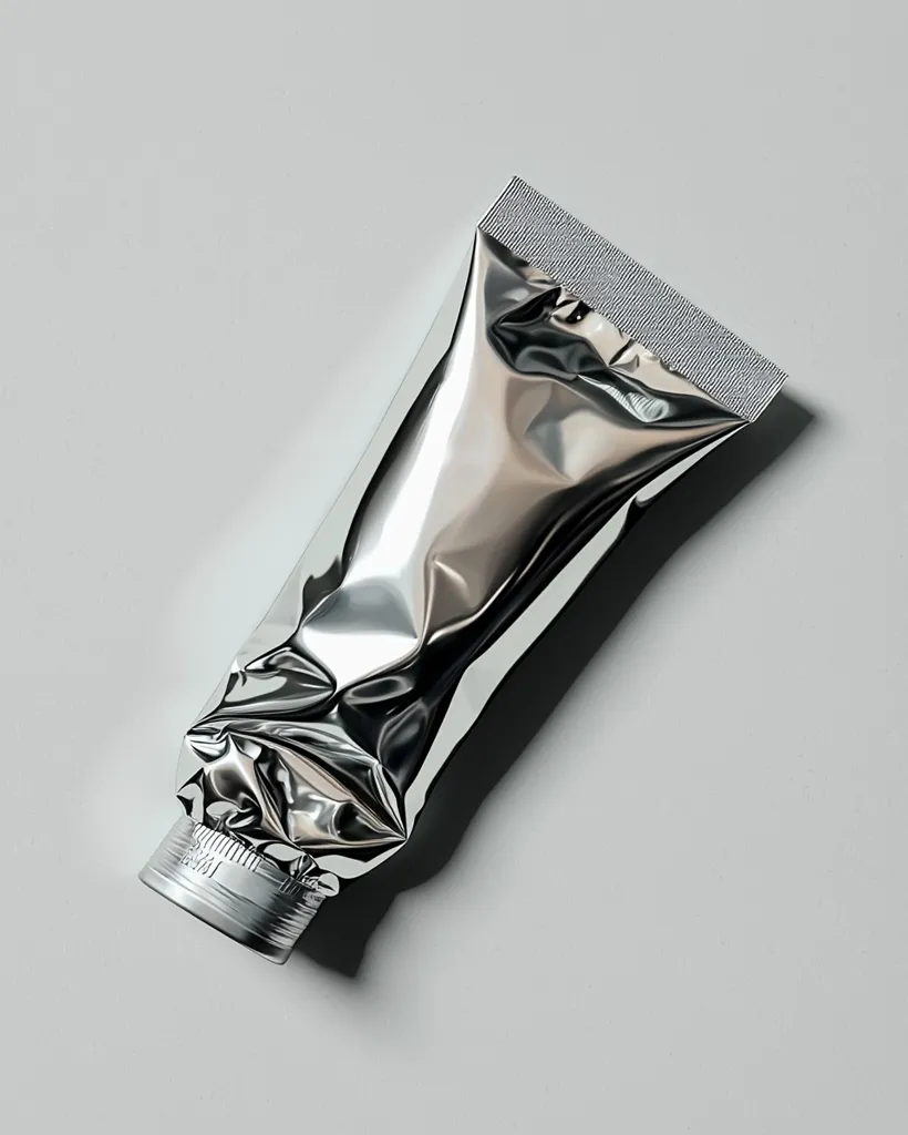A silver, metallic tube of cream or ointment is shown from a slightly elevated angle. The tube is crumpled, showing the texture of the flexible material.  The cap is visible at the bottom, and the top is sealed. The background is a simple, light gray. The image is clean and minimalist, emphasizing the product's packaging.